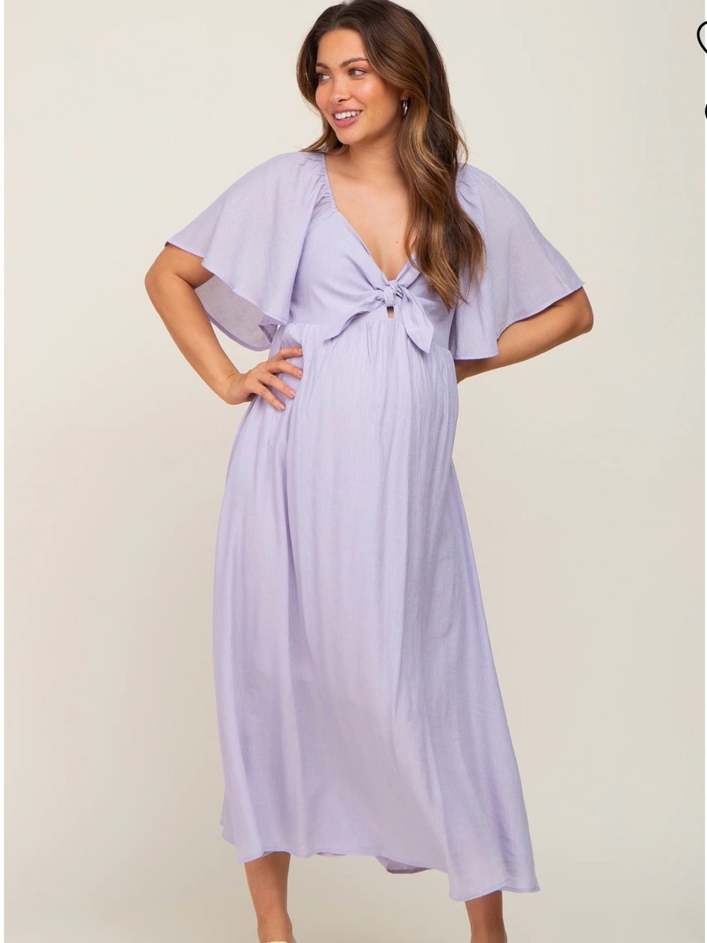Lavender Front Tie Ruffle Sleeve Maternity Midi Dress